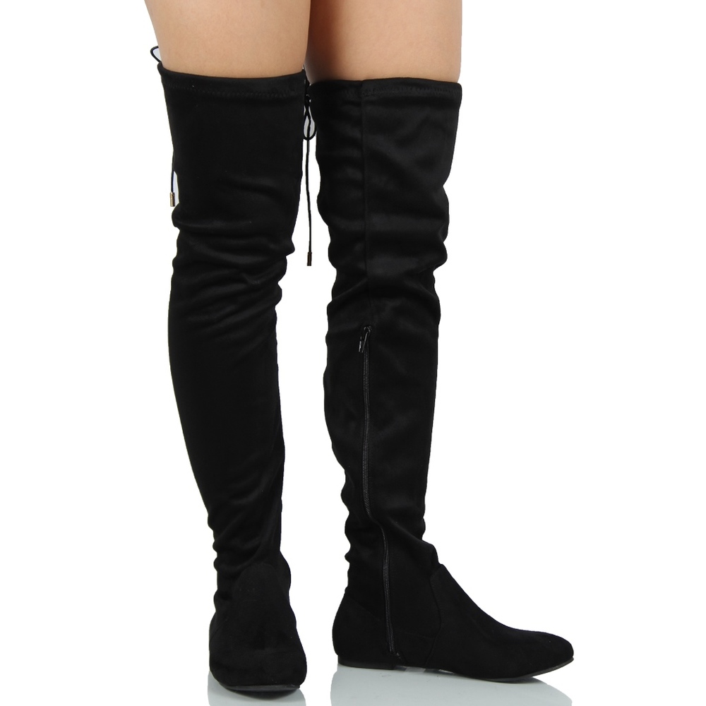 Black Faux Suede Over The Knee Back Tie Flat Boot